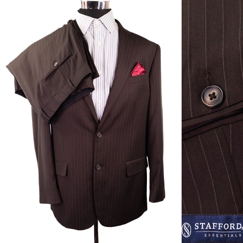 Stafford Suit 2 Piece Mens 44L Pants 42X32 Striped Brown Two Button Flat Front